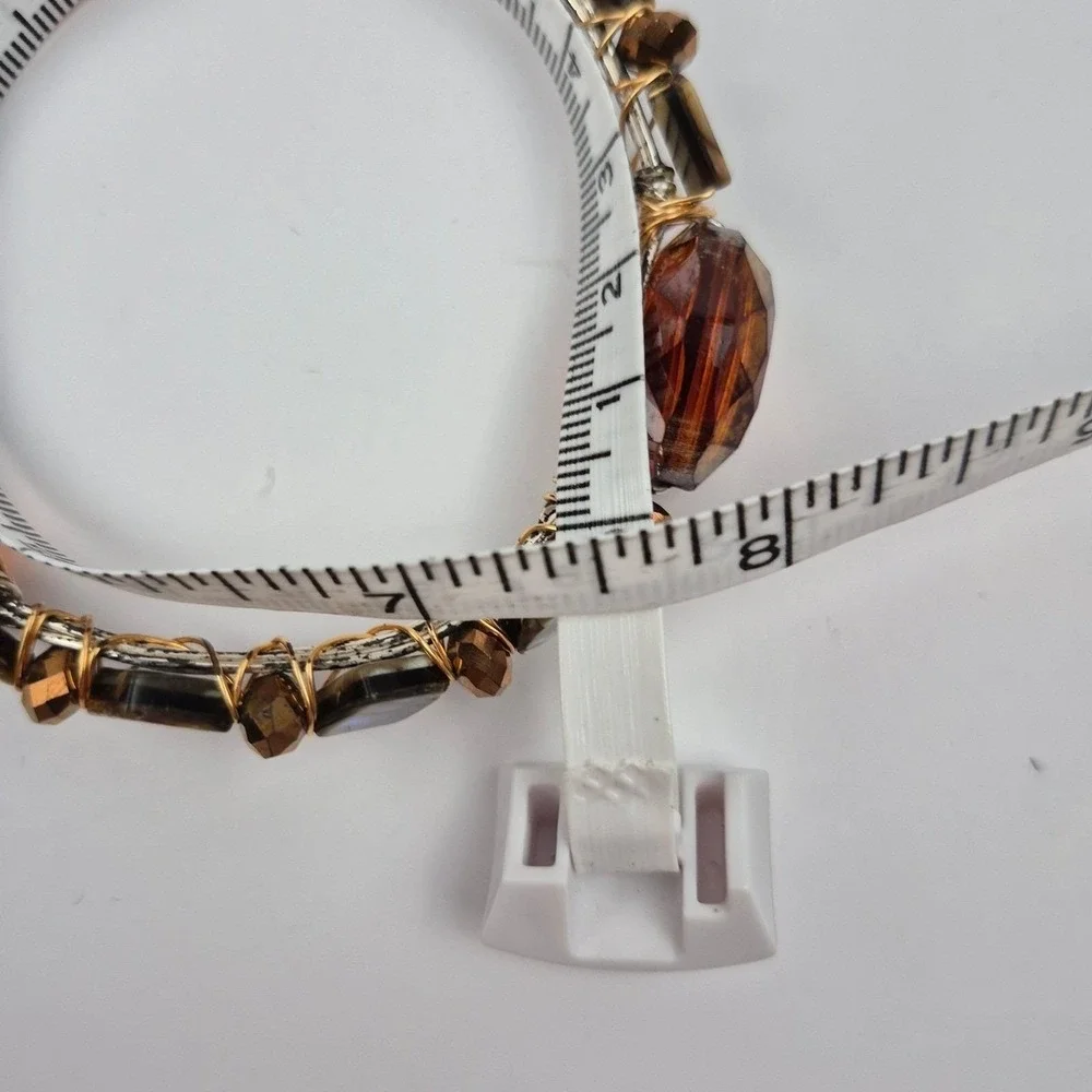 Beaded Wire Bangle Bracelet Abalone Crystal Accent Copper Tone 7.5